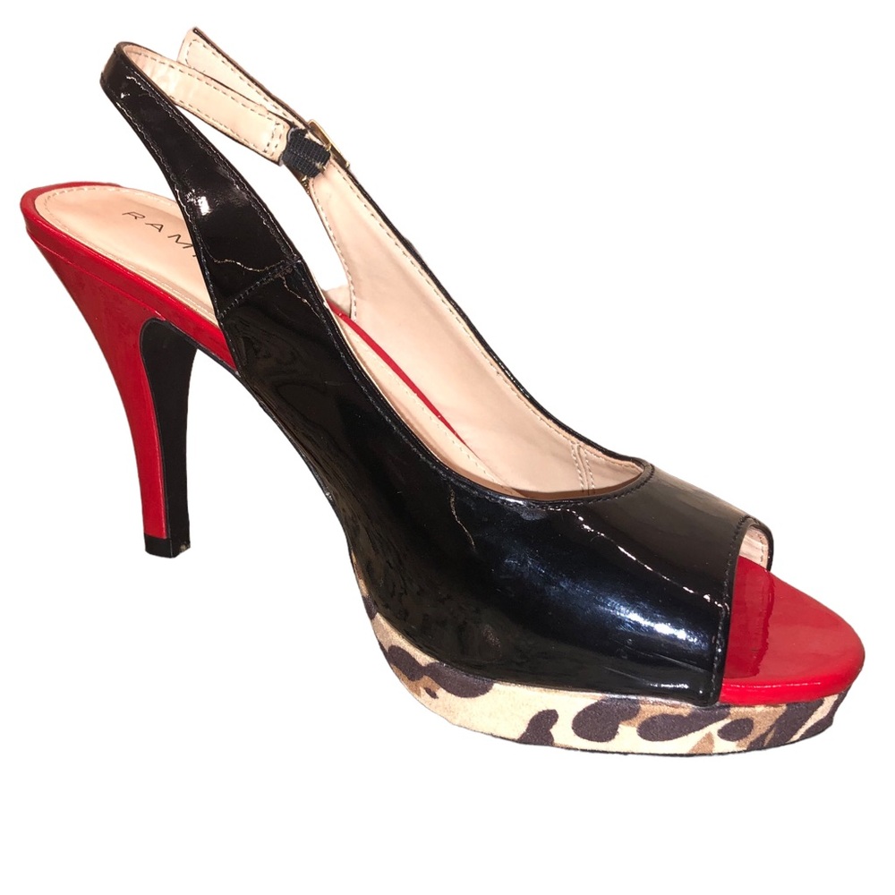 Rampage Flanders Sling Backs Red, Black And Leopard Print 4” Women’s Heels Sz 7